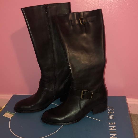 NWT Nine West Black Leather Boots Size 10 - Picture 1 of 5
